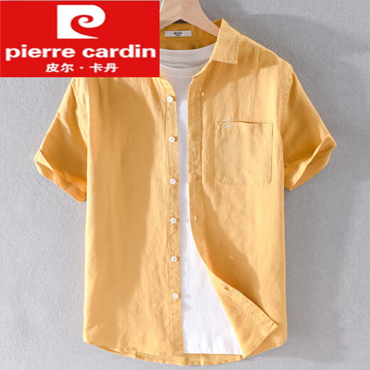 皮尔卡丹（pierre cardin）男士亚麻翻领短袖t恤宽松衬衫领上衣服有带领T棉麻料体恤麻布夏装 yunyi-9711白色 M