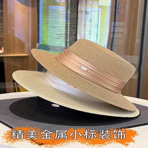Kim sunja French lady style flat top straw hat for women spring and summer new flat top hat elegant satin temperament straw sun hat black adjustable (56-59cm)
