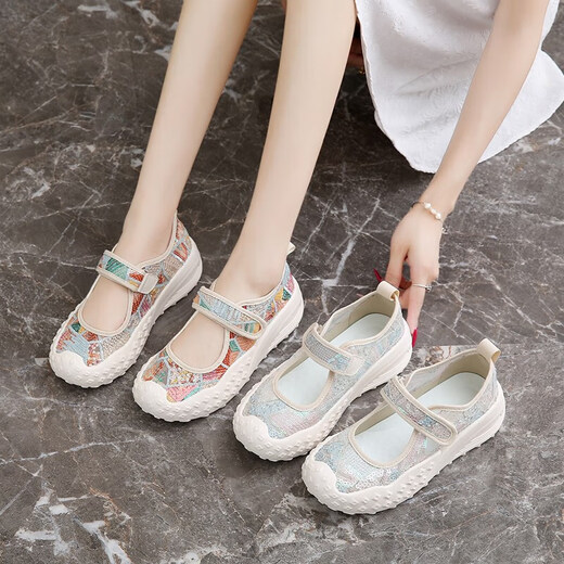 Women's shoes 2025 summer new breathable and lightweight Mary Jane Velcro one foot thick sole anti-slip slow step mother's shoes YGNX-677 blue 35