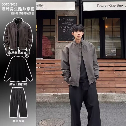 IDEA (ZHUYIFAN) Veste à trois défense de la défense américaine et automne American American Spring un ensemble complet de veste uniforme de baseball à col debout
