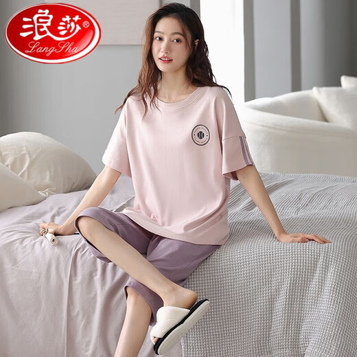 Langsha 100% pure cotton pajamas for women in summer large-size short-sleeved suit Korean casual cartoon cotton cropped pants home clothing N9856 4XL (180-200Jin [Jin equals 0.5 kg])