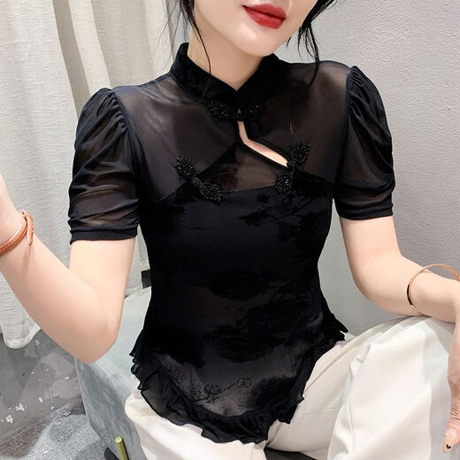 Deluobin (Deluobin) Hebilla de verano Femenina Cuerpo delgado 2025 Fashion Sprofle Beadle Stand de Soporte Beadle Mesh Camiseta de manga corta para mujeres Nuevo 3891 Diseño micro-transparente de manga corta 3xl