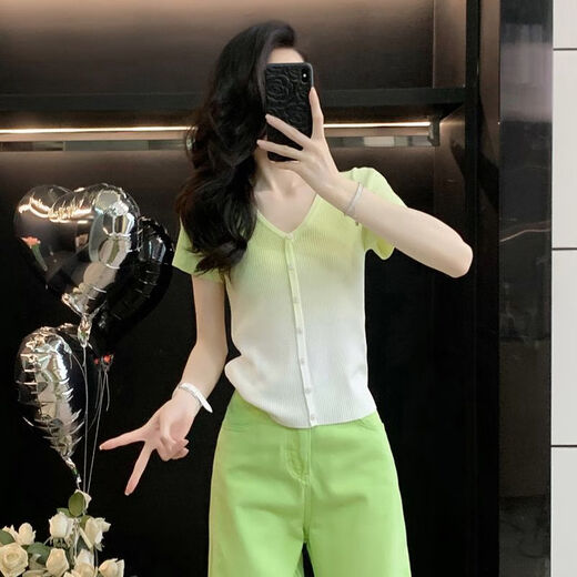 Yu Zhaolin (Yuzhaolin) 2025 Sommerer Modeanzug für modische altersreduzierende T-Shirt von Frauen mit hoher Taillenabschleife zweiteilige grüne Hose 7373b s