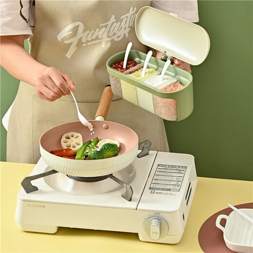 Enshousu seasoning box combination set seasoning bottle jar home kitchen sugar, MSG, salt shaker storage box one-piece 4-grid with spoon, fruit oil green, four-grid in one, inner + spoon