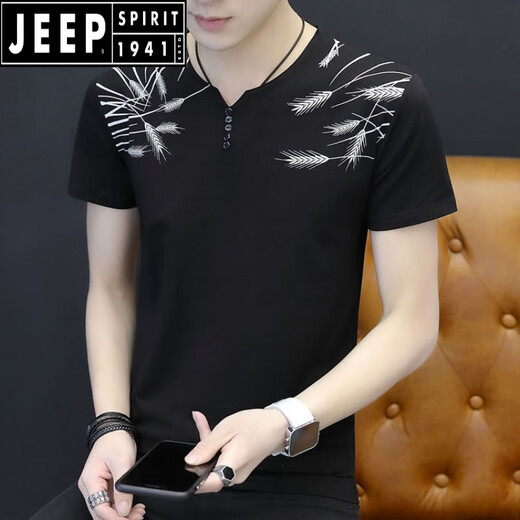 JEEP SPIRIT夏季V字领短袖t恤男装韩版半截袖内衬时尚透气凉感修身短袖衫汗衫 白色Q693短袖 M