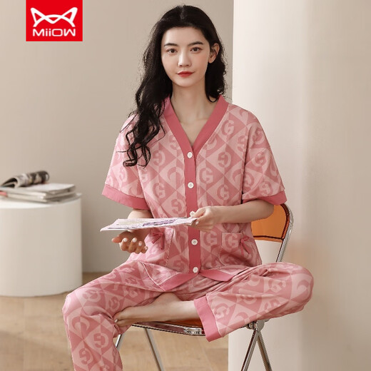 猫人（MiiOW）纯棉睡衣女春夏短袖长裤开衫韩版可爱领夏天家居服全棉套装 YSH-911#开衫 L 码100-120斤需预留缩水