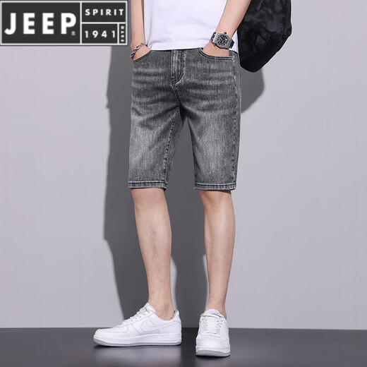 JEEP SPIRIT牛仔短裤男夏季薄款水洗五分裤潮流百搭弹力休闲中裤子男 867-1黑灰 28 (2尺1)