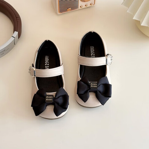 Korean version of sweet bow girls princess shoes 2025 spring new children's small leather shoes soft sole baby shoes trendy beige 21