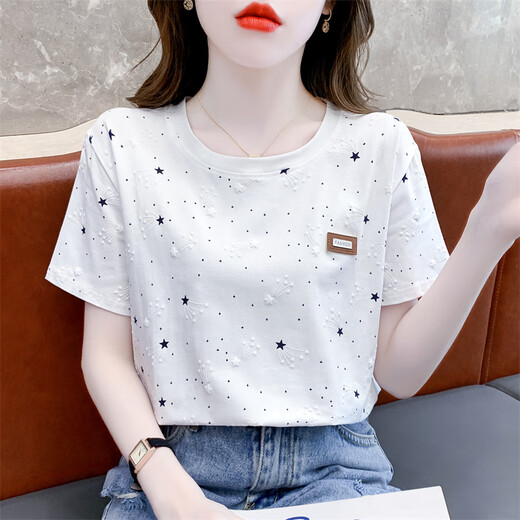 t恤女款2025年最新款棉印花短袖t恤女夏装2025新款宽松遮肚子设计 1396蓝色流星+8620爱心 S 适合80-99斤