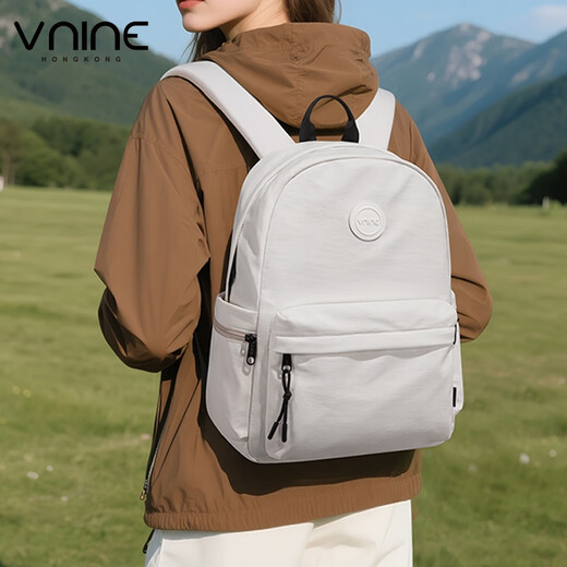 第九城（V.NINE）书包初中生女生大容量双肩包简约休闲电脑包大学生中学生轻便背包 米色