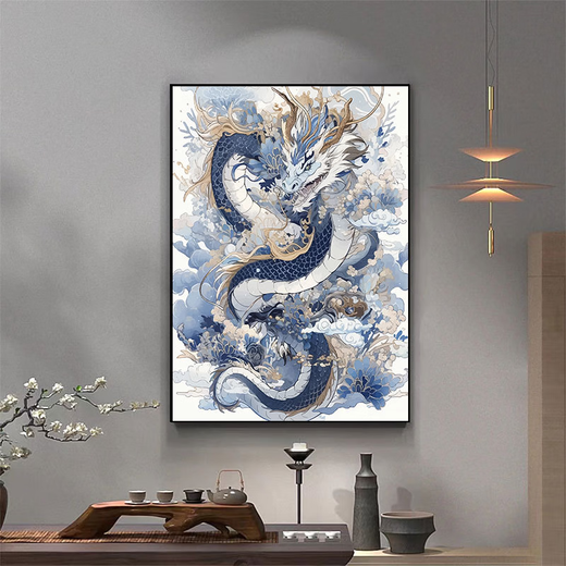 咏幻青花瓷龙 数字油画2024新款中国风手工填充diy手绘涂色丙烯油 W3892 70x90cm 白色外框崩好实木内框+颜料画笔