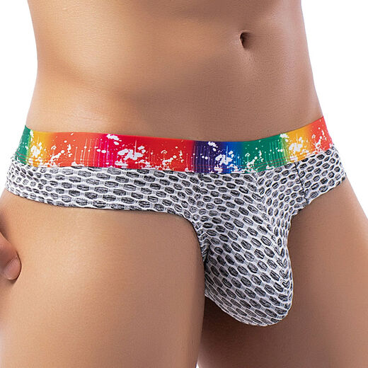 
Men's Plaid Thong Rainbow Wide Belt Panties Sexy Big Bag Shorts Black L