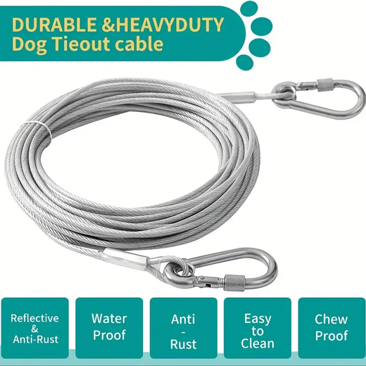 Extended stainless steel dog traction rope dog leash small, medium and large dog pet steel wire rope thick chain dog rope anti-bite silver gray + double-ended carabiner rope thickness 3 mm total rope length 2 meters