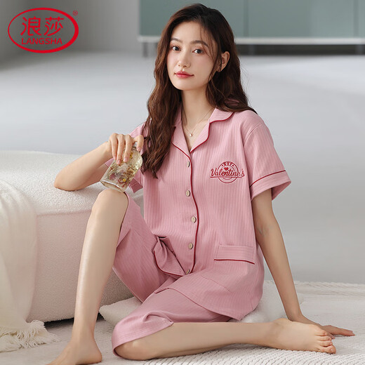 LangSha 2025 new pajamas for women pure cotton short-sleeved cropped pants summer loose large-size cardigan home clothing NX9896 2XL