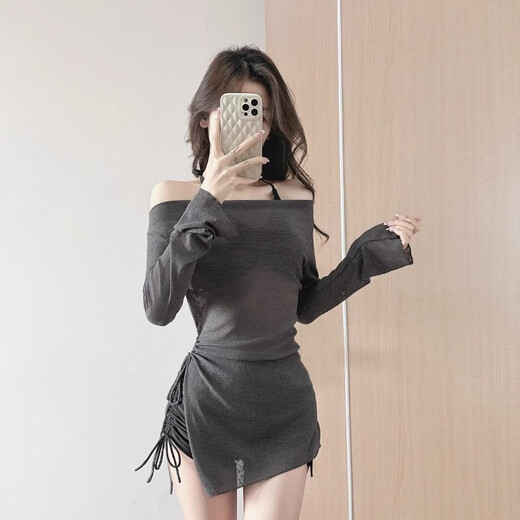 Fu Jian sun protection swimsuit women's three-piece bikini seaside resort style split boxer cover-up sexy pure desire hot spring swimsuit black and gray three-piece suit one size fits all 75-125 Jin Jin is equal to 0.5 kg