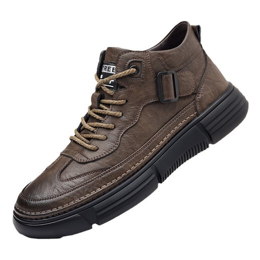 2025 Autumn New Men's Business Casual Leather Shoes Men's High-Top Shoes Plus Velvet Warm Cotton Shoes Lace-up Shoes Single Shoes Brown 43