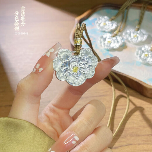 Pure silver 999.9 ancient peony color set chain sterling silver pendant new Chinese style national style light luxury pendant necklace gift peony pendant about 19 grams