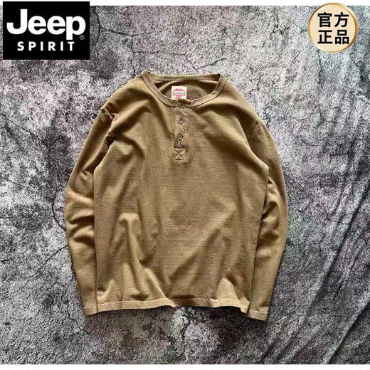 JEEP SPIRIT Jeep American retro men's henley shirt long-sleeved washed distressed t-shirt men's heavy henley collar top brown original M