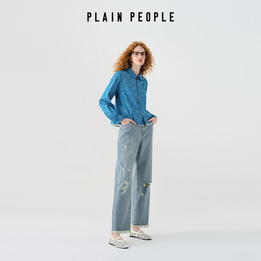 PLAIN PEOPLE法式度假花卉印花翻领花边衬衫上衣女蓝色2025秋新款 彩蓝 M