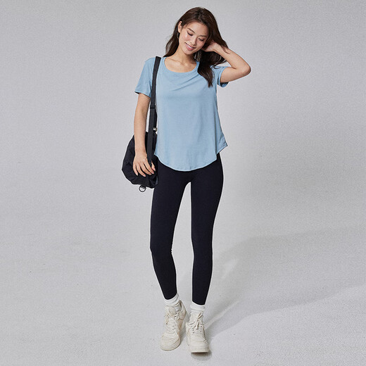 LULUUVTTOH Summer Pilates short-sleeved yoga wear for women, loose, slim, long, lightweight running T-shirt, fitness blouse top, frost blue S