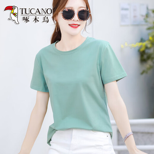
Woodpecker high-end pure cotton T-shirt for women short-sleeved loose versatile solid color cotton green half-sleeved T-shirt summer top 6172 light purple short-sleeved M (recommended 80-105 Jin [Jin equals 0.5 kg])