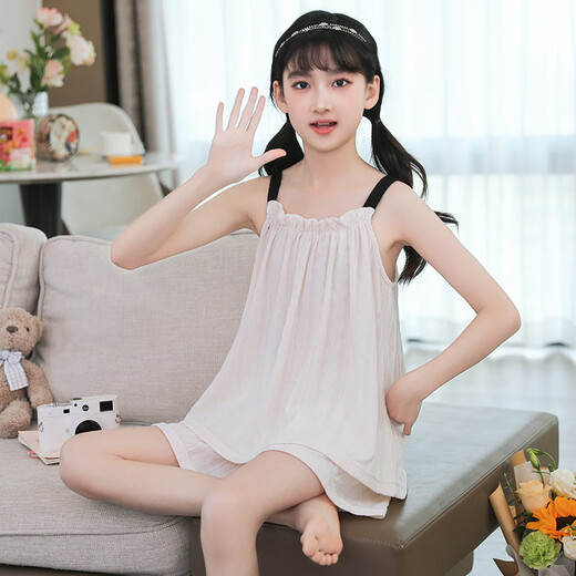Lingting Eagle Cotton Girl Pyjamas 2025 Sous-souche Vest Top Princess Style Girl Baby Home Clothing Set [Cotton] L11301 Milk Abricot Color 170 8 Tailles [95-105cm / 20-30jin [Jin est égal à 0,5 kg]]]