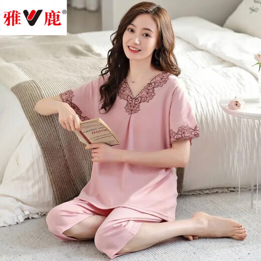 雅鹿100纯.棉睡衣女士夏季薄款短袖七分裤夏天家居服套装 6624 高品质纯棉 XXXL 150斤一165斤