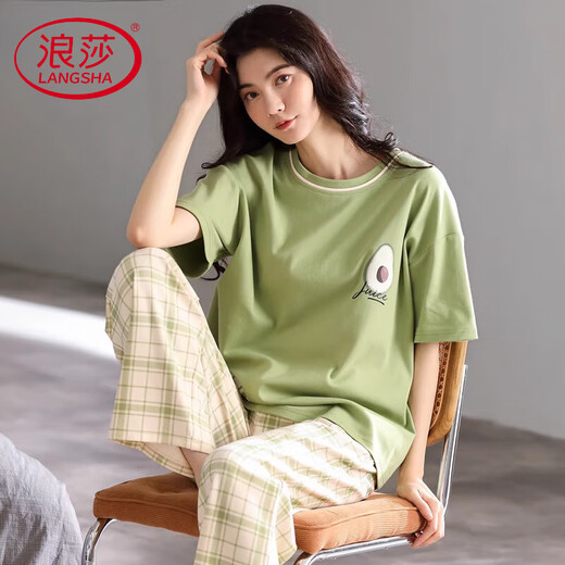 Langsha light luxury pajamas for women in summer 2025 new pure cotton thin loose home clothes short-sleeved trousers casual and can be worn outside Fentenkan 7374 M [recommended 80-105Jin [Jin equals 0.5 kg]]