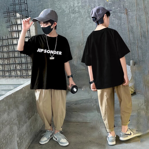 
Cool Chapter (KUZHANG) Boys Cool Summer Suit Set 2025 Children's Handsome Fashionable Short Sleeve Trousers Big Children's Summer Internet Celebrity Street Trendy Clothing 9767 Black 100 Cotton Short Sleeve Top 130 CM