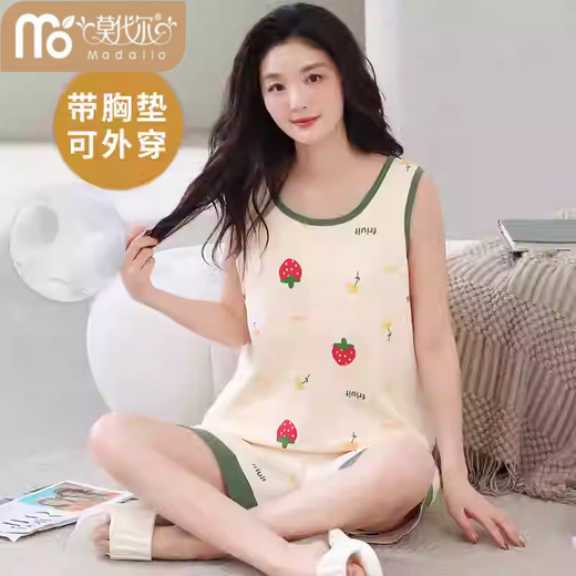 Modal all-in-one pajamas with chest pads for women summer pure cotton thin vest summer girls sleeveless can be worn outside home clothes set vest set with chest pads-Y9856 M Female Recommended 80-100Jin Jin is equal to 0.5 kg