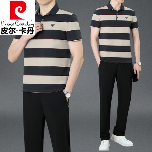 Pierre Cardin Dad Summer Anzug Herren Sportbekleidung Anzug mittleren und älteren Menschen mit ungezwungener Baumwolle kurzärmelige T-Shirt Polo-Hemd dunkelgrau (kurze Ärmel + Hosen) KDK9763 m (empfohlen 100-120 Jin [Jin gleich 0,5 kg]))