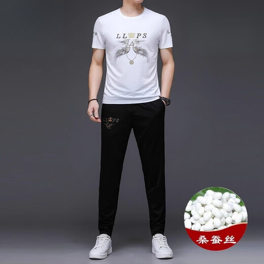 JEEP SPIRIT casual suit men's summer short-sleeved mulberry silkworm ice silk handsome match with Korean style fashion print trend 9227 black 2XL 180