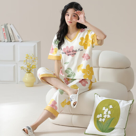 雅鹿睡衣女士夏季纯棉V领短袖七分裤宽松休闲可外穿春家居服套装凉感 品牌T-9854(短裤套装) M (80-100斤)