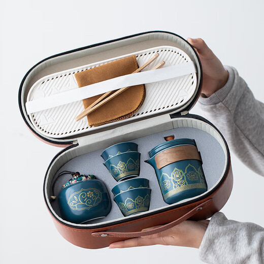 Bo Naling Travel Tea Set Portable Kung Fu Tea Set Ceramic Cup Quick Cup Teapot Business Event Souvenir High-end Blue - Ancient Rhyme One Pot Four Cups + Tea Tray - Oval Bag