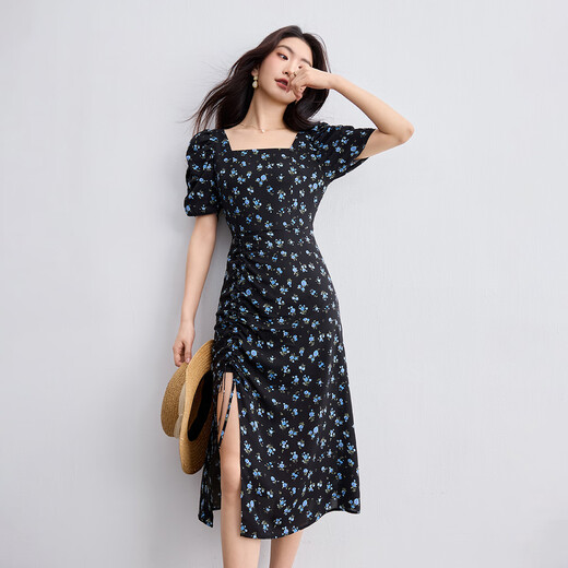 Vestido francés de Champui la para mujeres en el cuello cuadrado de verano manga retro lunares pleated slit a-line falda fondo negro flor m