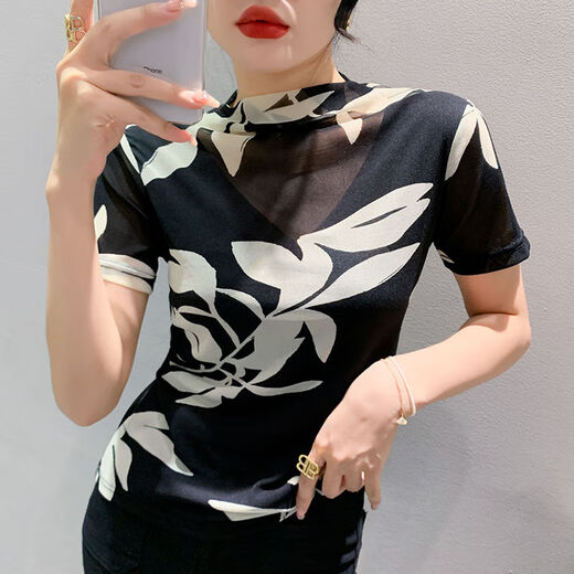 DRYWORLD2025夏季高端新款时尚半高领网纱印花T恤修身打底衫小衫上衣女潮 摩卡灰 【时尚百搭3878-15】 M