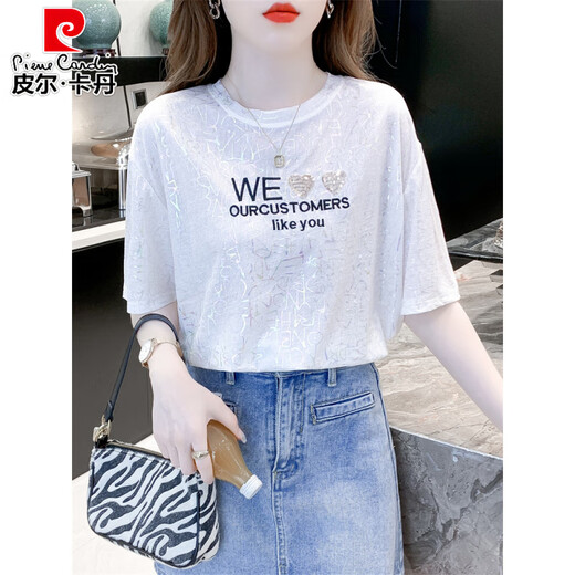 
Piercadian short-sleeved T-shirt for women in summer new European style loose casual and versatile fashion outside wearing gold-plated design top 6227# white S recommended 80-99Jin [Jin equals 0.5 kg]