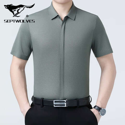 Siete Wolf Mulberry Silk Camiseta de manga corta Summer New Casual Business No Camiseta No planchado solapa de mediana edad Top 6913 azul marino 4xl 195/135