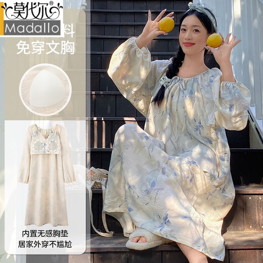 Modal nightgown with chest pad thin extended pajamas new style dress Chinese style long-sleeved Chinese style exterior home clothing [upgrade] chest pad # extended skirt AM13064 M [recommended 80-100Jin [Jin equals 0.5 kg]]