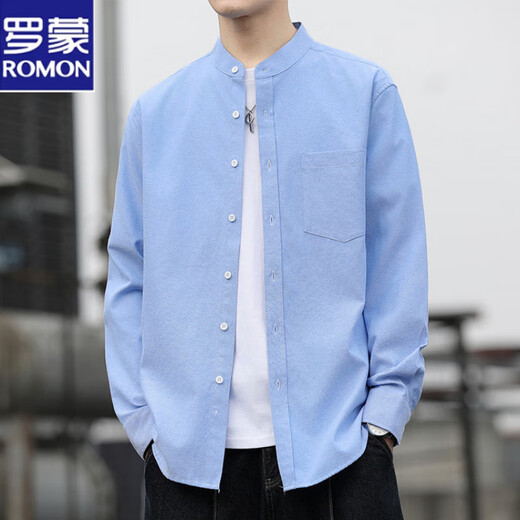 Lomond Henry collar casual shirt for men in spring and autumn new loose and versatile long-sleeved shirt for men with inner top and jacket sky blue XL