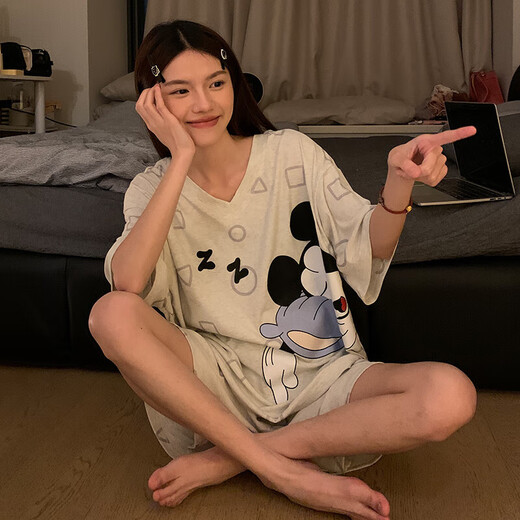 Modal pajamas for women with double-sided wearable summer new V-neck + round neck short-sleeved shorts cute home clothing set 9901w#Sleepy Mickey L