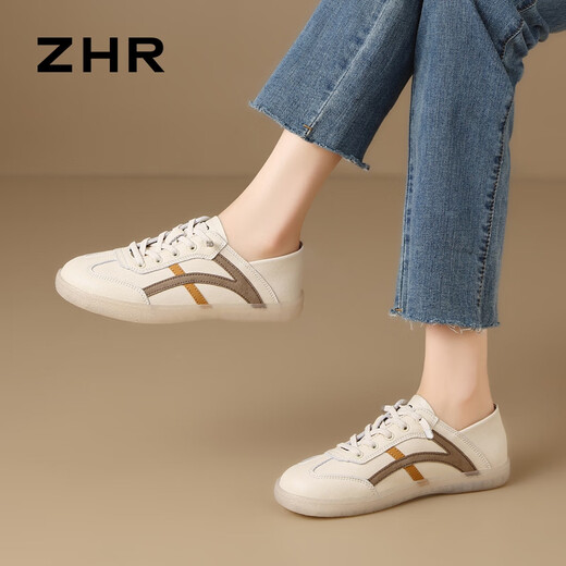 ZHR休闲鞋女真牛皮轻便小白鞋女百搭圆头透气女鞋 A67N米棕38