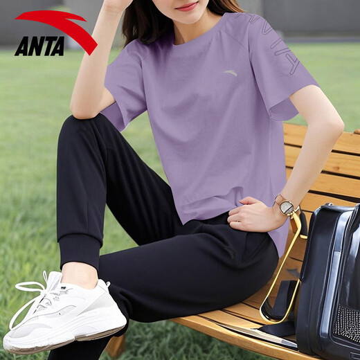 安踏休闲运动服套装女2025春夏季薄款冰丝速干短袖T恤束脚针织长裤 7121-1罗衣紫【套装】 M