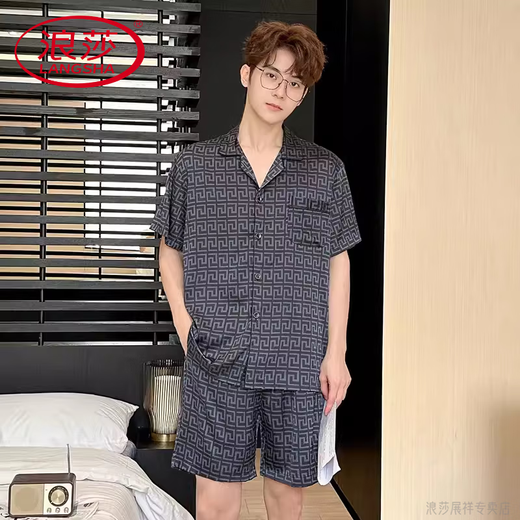 LangSha (LangSha) light luxury high-end pajamas for men in summer ice silk thin simple short sleeve shorts real silk satin large size home clothing 3899 apricot color L (weight 100 to 139)