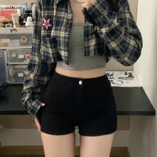 Small black tight denim shorts for women wearing summer high waist slim hot pants American pants black [WK-K503] S