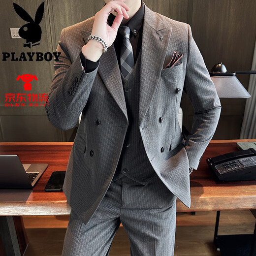 Playboy Hochzeitsanzug Set Herren High-End 2025 New Business Herren-Doppelbrust lässiger Hochzeitsanzug Jacke grau SJT9973 Drei-teiliger Set 4xl [Vorgeschlagen 185jin [Jin gleich 0,5 kg]]