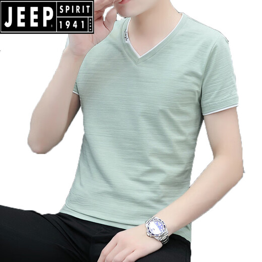 JEEP SPIRIT高端男士短袖t恤v领夏季新款修身纯棉男生半袖休闲时尚百搭上衣服 豆绿色659款 L 建议100-120斤
