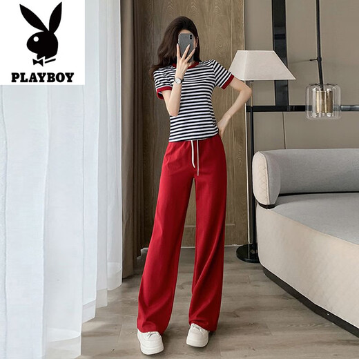 Playboy (Playboy) Casual Sports-Anzug für Frauen im Sommer 2025 Neue kleine und modische altersreduzierende Streife kurzärmeliges Zwei-Stück-T-Shirt mit weit geschwindiger Hose-Flaggschiff L [vorgeschlagen 100-115jin [Jin gleich 0,5 kg]]
