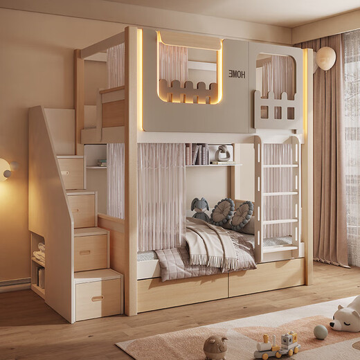 Xuncong [ENF-Grad Volles Massivholz] Kinderbett-Creme-Stil oberes und unteres Bett Hoch- und untere Bett erhöhte Leitplanke Mutterbett mit Aufbewahrung ENF-Grad Full Massivholz Doppelschicht Kinderbett + Leiterschrank + Rutsch + Buchhandel 1350 mm*1900 mm Innendurchmesser