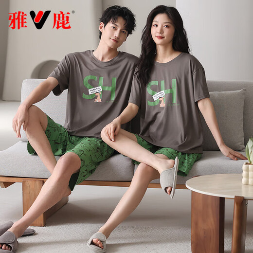 雅鹿韩版情侣睡衣莫代尔凉感短袖女士夏季新款男士大码冰丝薄款家居服 6630 M 女